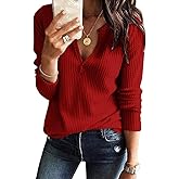 Dellytop Womens V Neck Waffle Knit Shirts Long Sleeve Loose Fitting Warm Tee Tops Sweaters Pullovers
