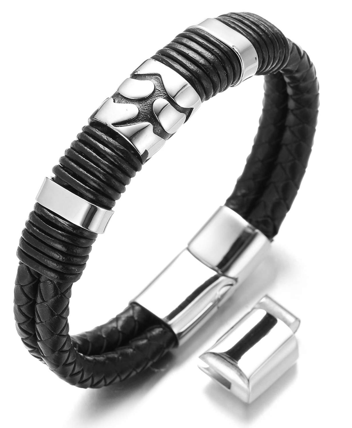 HALUKAKAH Plus ● Volcano ● Men's Genuine Leather Bracelet Black with Silver Titanium Magnetic Clasp Size Adjustable 8.5"-9"(21.5-23cm) with Free Giftbox