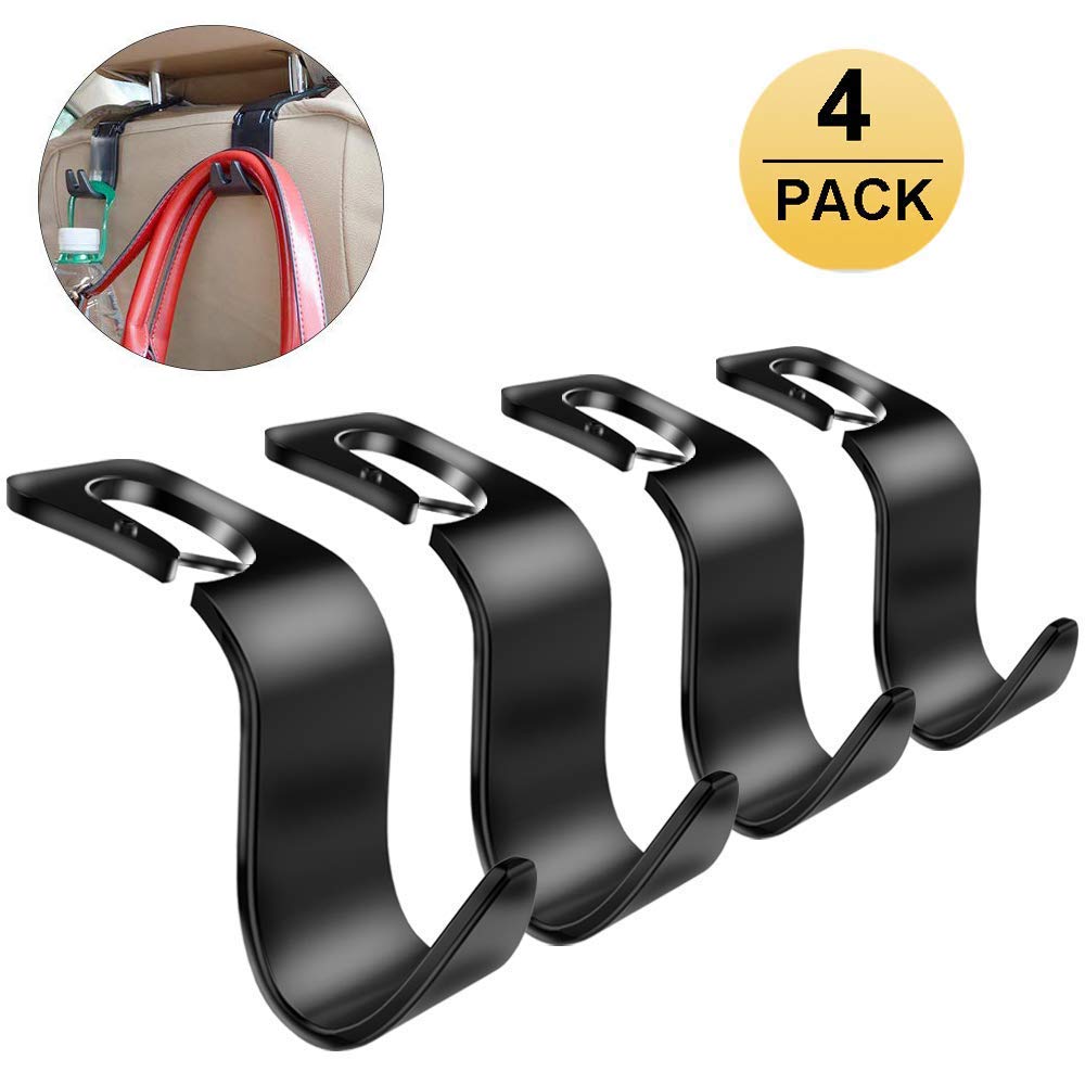 Fourcase 4Pack Car Back Headrest Hooks,Universal Car Vehicle Seat Hanger Holder Hook Organizer for Bag Purse Handbag Cloth (Black)