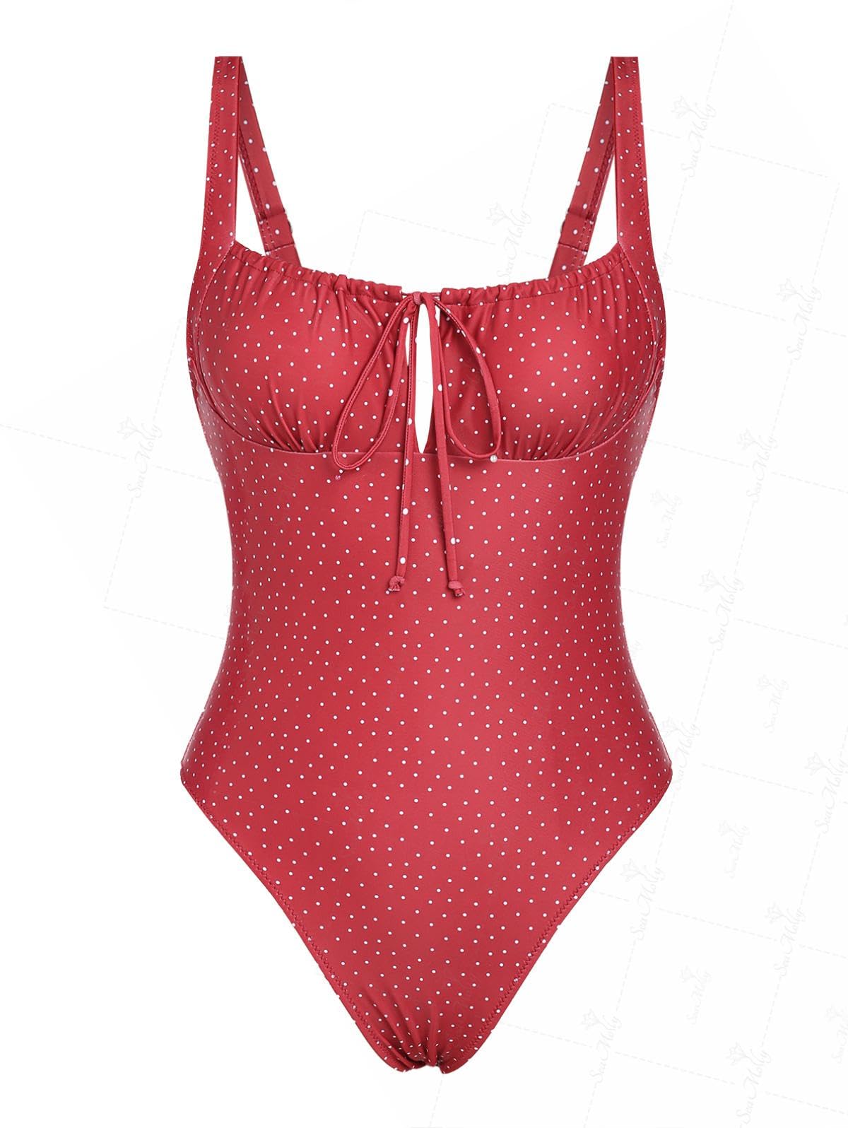 Photo 1 of seamoly Polka Dots Printed Drawstring Tied Front One-Piece Swimsuit,Red,XS