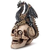 Halloween Steampunk Dragon on Skull Statue, Gothic Mechanical Decor | 7.3 in cast resin. Metal-like gearwork sculpture, gear design skeleton cranium. Apothecary, macabre dark aesthetic.