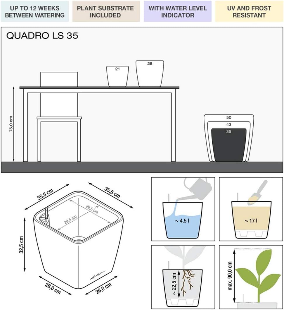 Lechuza Self Watering Plant Pot QUADRO LS 35 Garden Flower Indoor and Outdoor Plastic Planter with Drainage Hole H33 L35 W35 cm White High-Gloss - Image 3