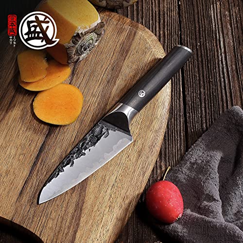 MITSUMOTO SAKARI Professional Hand Forged Kitchen Knives, Small Fruit Vegetables Knives, 11 cm Japanese Stainless Steel Knives with High Carbon (Pakkawood Handle and Gift Box)