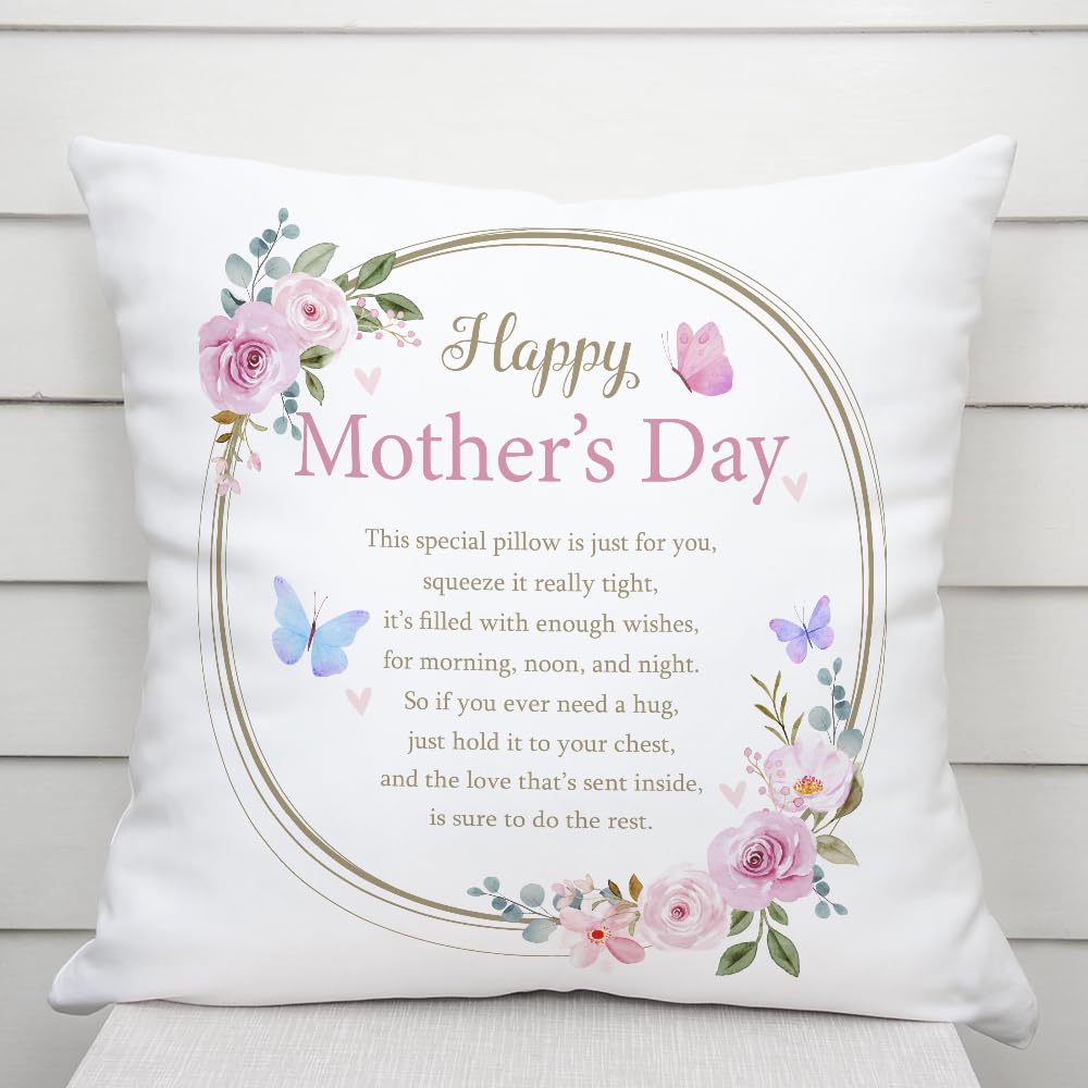 Mother’s Day Cushion Gifts for Mother’s Day, Cushion Cover, Throw Pillow Cover, Thoughtful Gifts for Mum from Daughter, Son, Sentimental Verse, Butterflies, Flowers