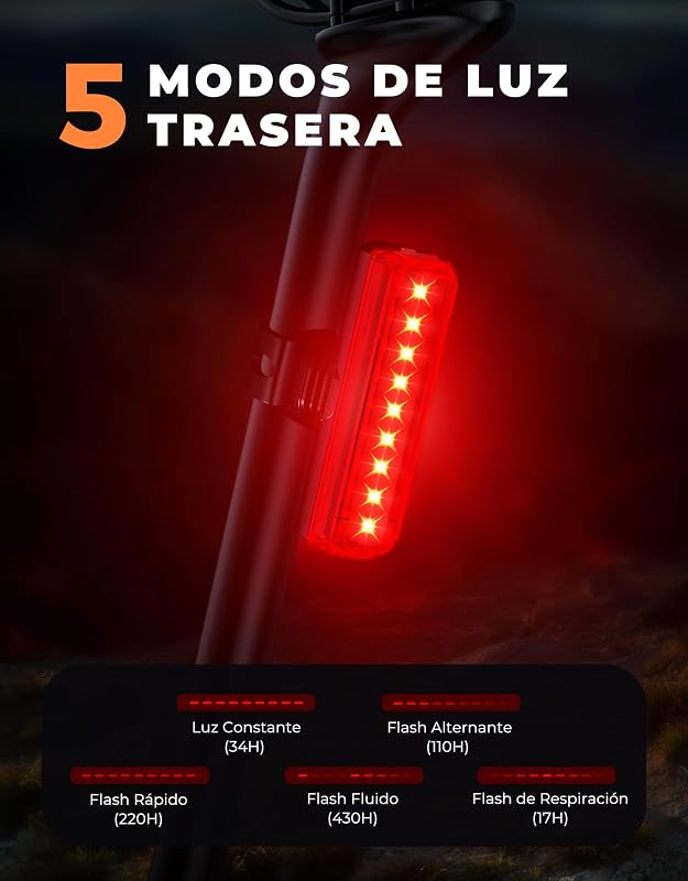 Luces Bicicleta Delantera y Trasera Súper Brillante, Aluminio Cuerpo