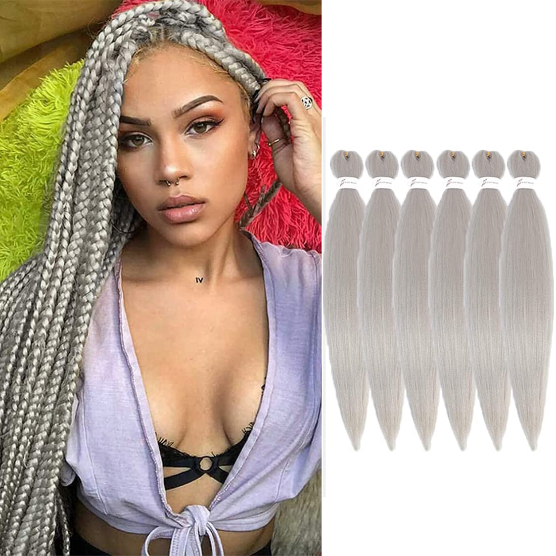 Pre-stretched Braiding Hair 26 inch 6 Packs Hot Water Setting Synthetic Fiber Crochet EZ Braids Soft Yaki Texture Braiding Hair Extensions (Silver#)