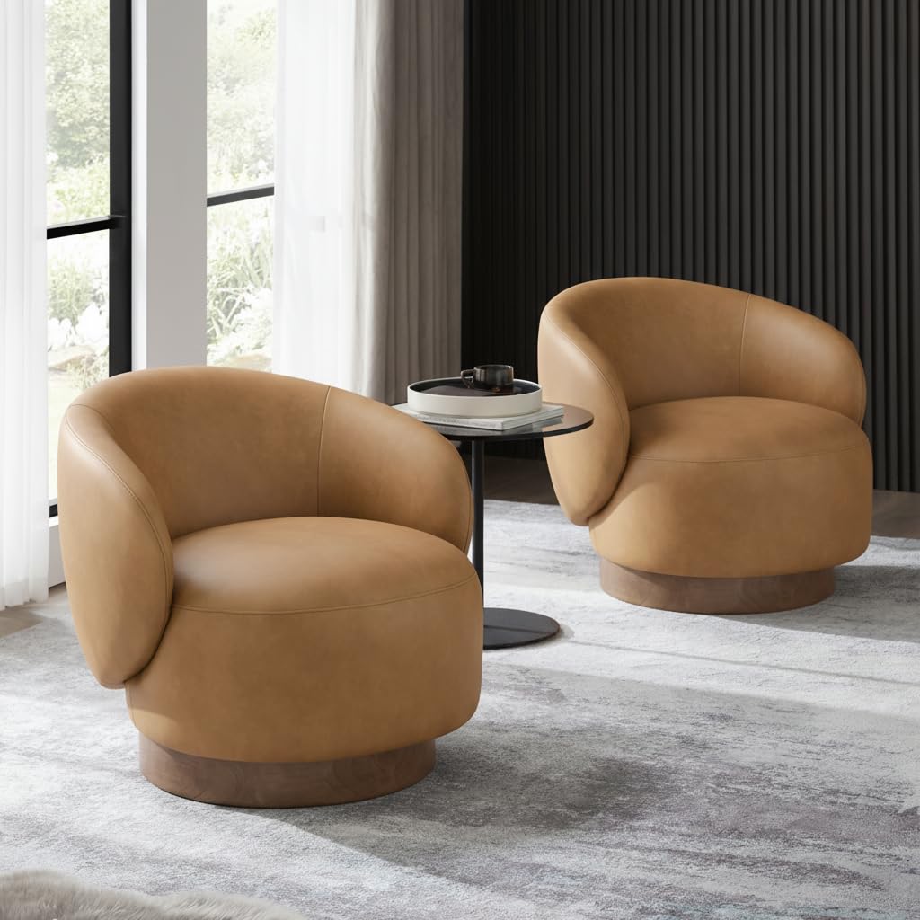 Photo 1 of KISLOT Swivel Accent Chair Modern Round Barrel Armchair with Upholstered Faux Leather for Living Room Bedroom Waitingroom,2 Box,Brown