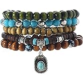 Touyony Beaded Bracelet Women Men Stacked Stretch Wristband Wooden Bead Bracelet Bohemian Layered butterfly Bracelet Summer Beach Planet Lava Gemstone Relief Anxiety Jewelry 5 Pieces