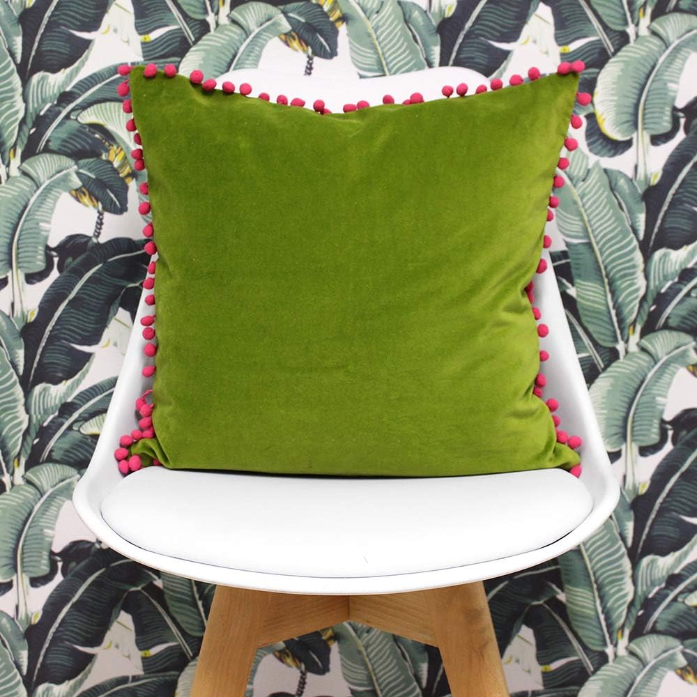 Riva Paoletti Polyester Filled Cushion Faux Velvet Fabric-Contrasting Fuchsia Pink Pompom Edges-Hidden Zip Closure-100% Soft (18" X 18" Inches) - Image 3