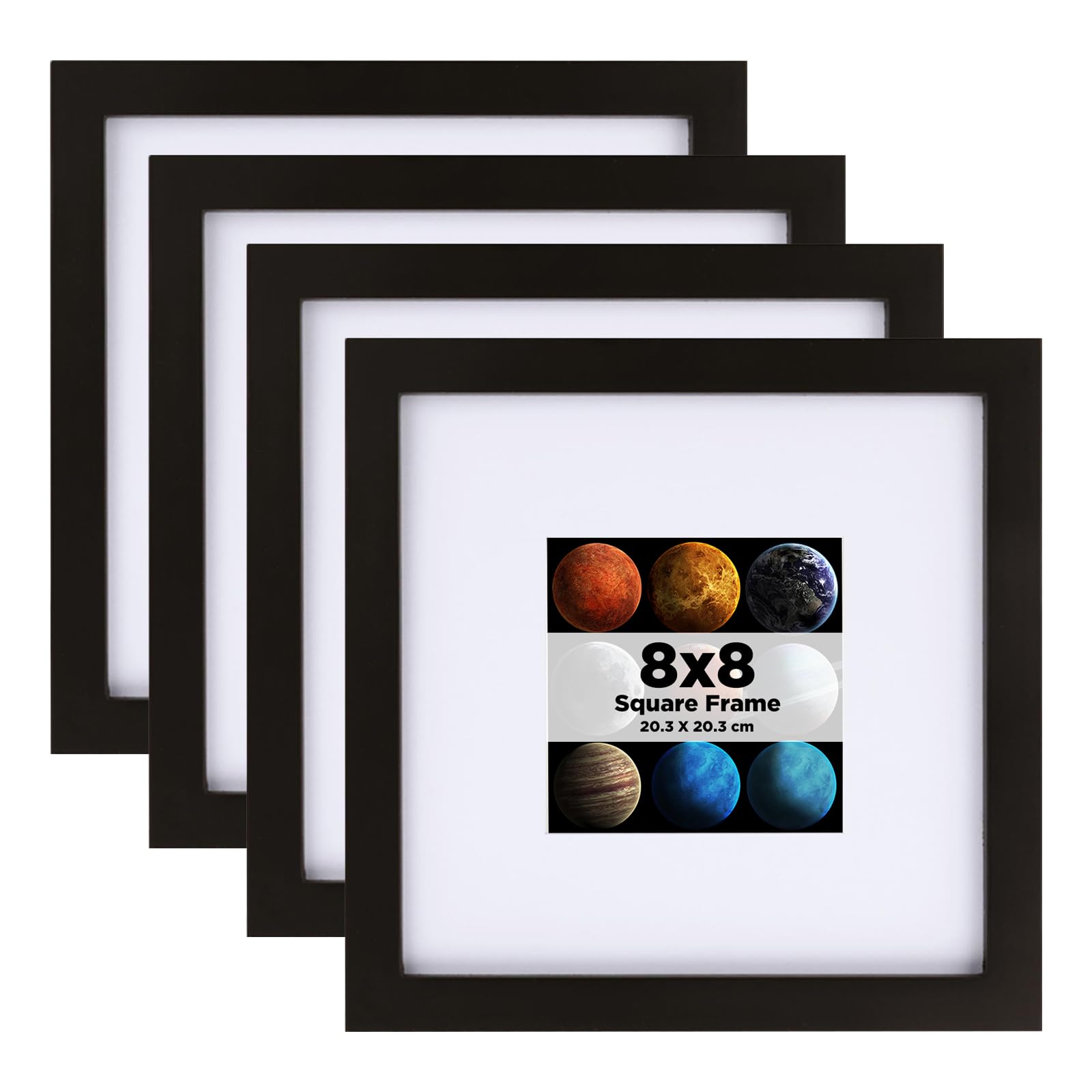 EGOFINE 8x8 Photo Frames Set of 4, Solid Wood Picture Frames with Acrylic Glass for Picture 4x4 with Mat or 20x20cm without Mat,Tabletop and Wall Mounting Display,Black