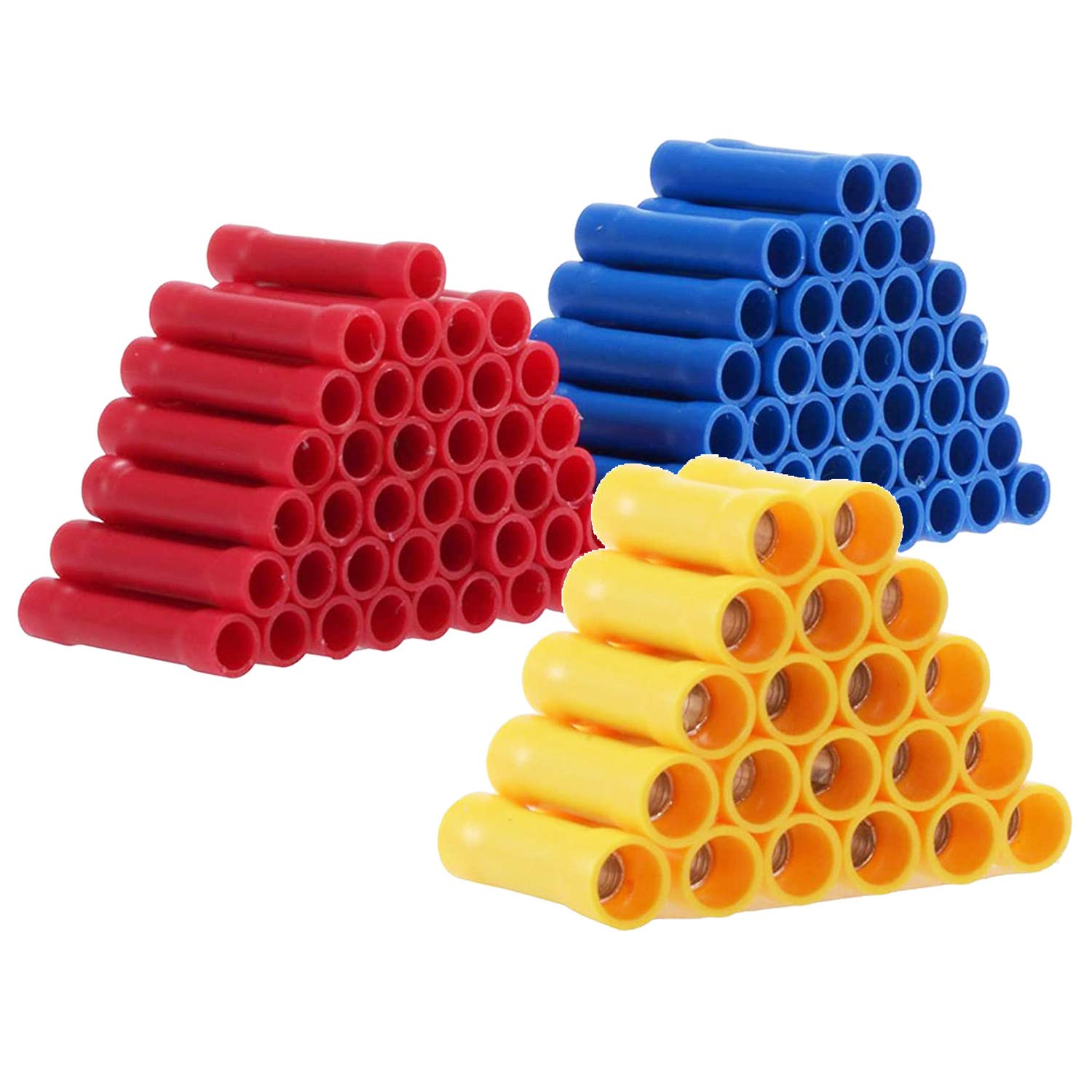 Bestgle 100pcs Straight Wire Butt Connector, Fully Insulated Butt Splice Connectors, Electrical Butt Crimp Connectors Automotive Cable Crimp Terminals, Blue Red Yellow