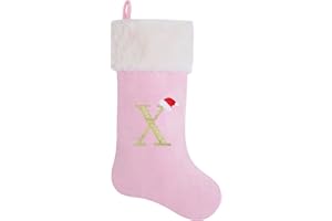 AUAWMLK 20-Inch Letter Embroidered Christmas Stocking Thick and Luxurious Pink Velvet with Super Soft Plush Cuff Personalized Festival Decoration for Xmas and New Year Party(Letter X)