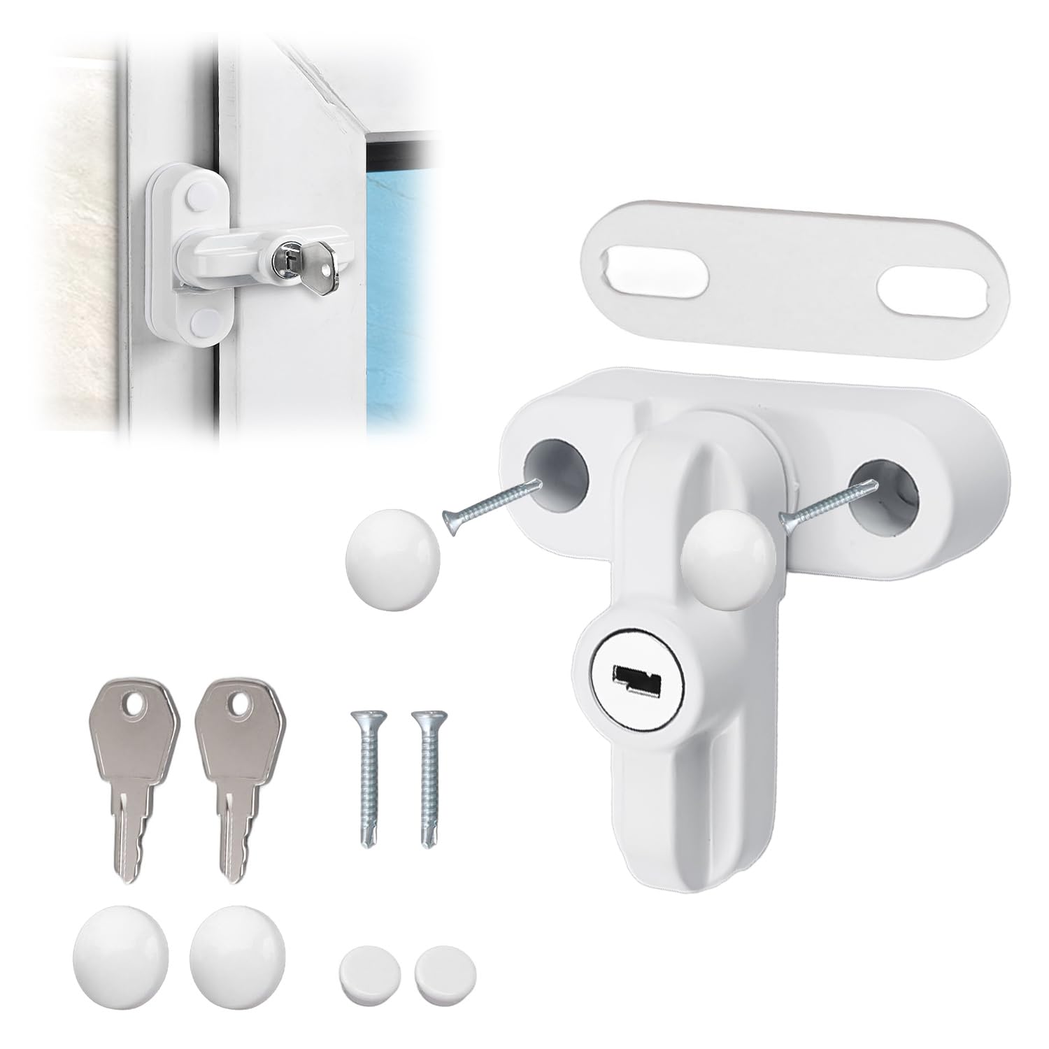 Tissting Sash Jammer, Window Locks Aluminum Alloy Security Key Locking Sash Blocker with 2 Keys, White T Shaped Buckle Lock for UPVC PVC Doors Windows