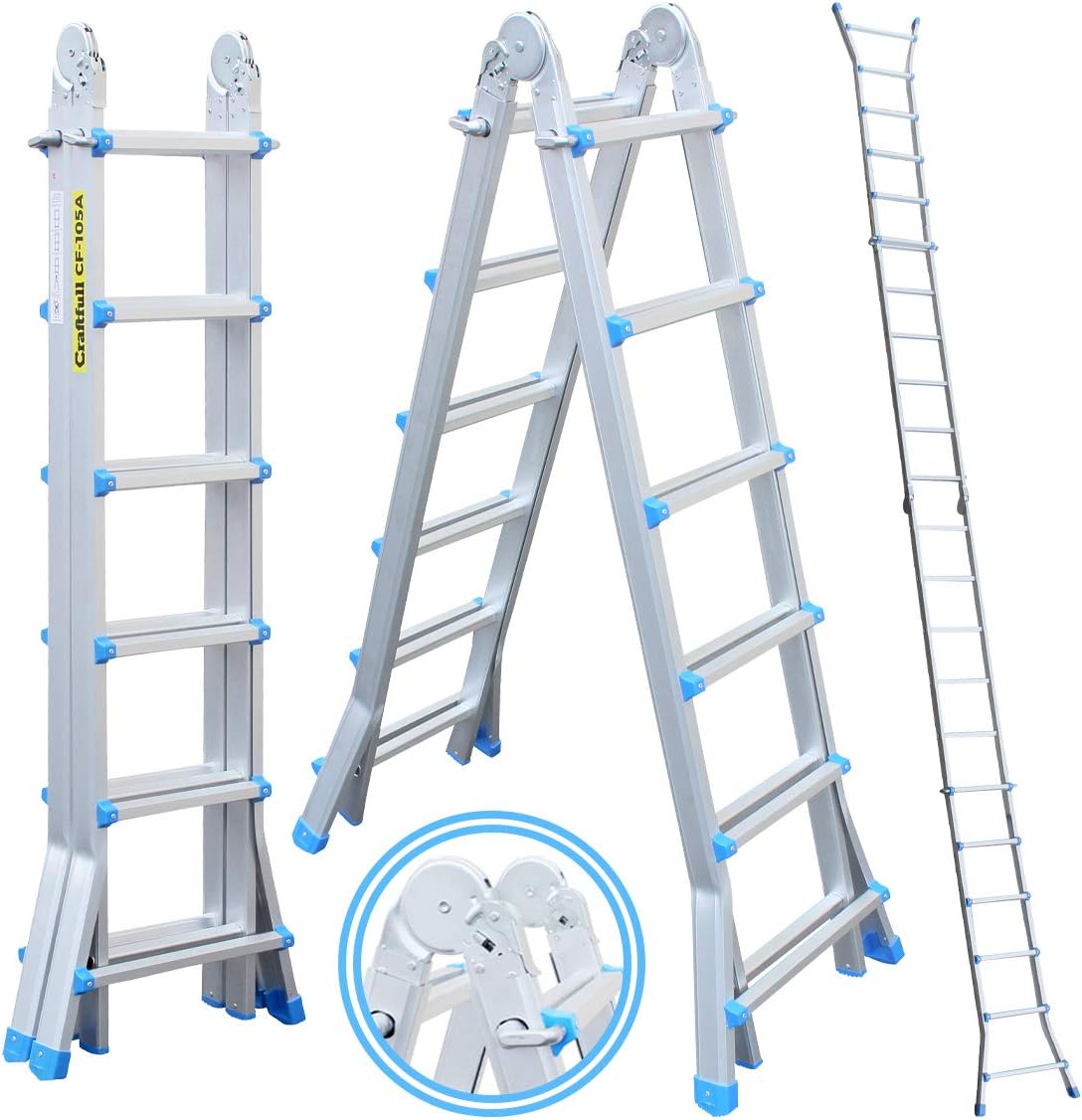 Craftfull Aluminium Teleskopleiter und Klappleiter CF-105A - in 4 Größen - 4 x 6 Sprossen - 3 Jahre Garantie - beidseitig höhenverstellbar (6.25 Meter (4x6 Sprossen))