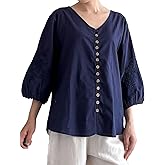 Minibee Women's Cotton Linen Shirts 3/4 Length Sleeve Tops V Neck Button Down Embroidered Blouses