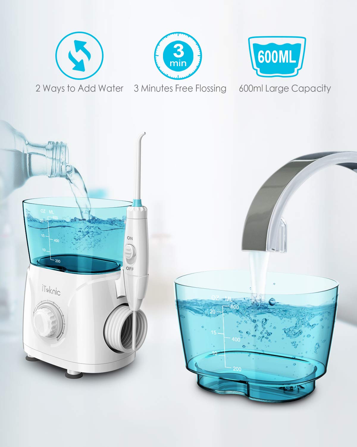 iTeknic Water Flosser for Braces Teeth Cleaning, 600ML Water Flosser Teeth Cleaner for Family, Bridges & Gum Care, Professional Electric Dental Oral Irrigator with 10 Water Pressure Levels, 7 Jet Tips: Beauty