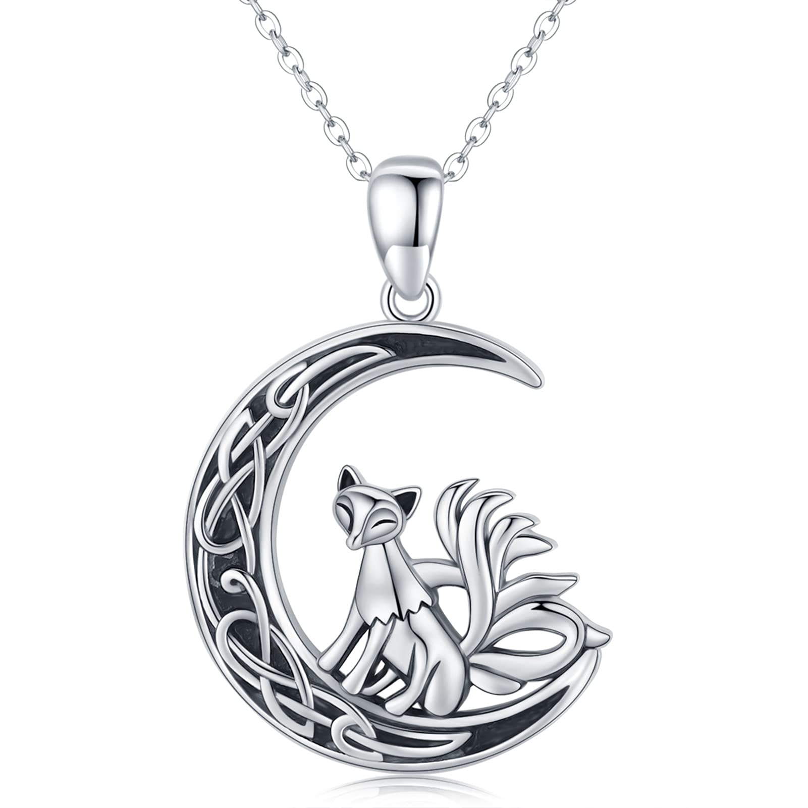 Midir&Etain Fox Necklace 925 Sterling Silver Fox and Moon Pendant Necklace Animal Necklace Nine Tailed Fox Jewellery Halloween Christmas Gifts for Women Girls
