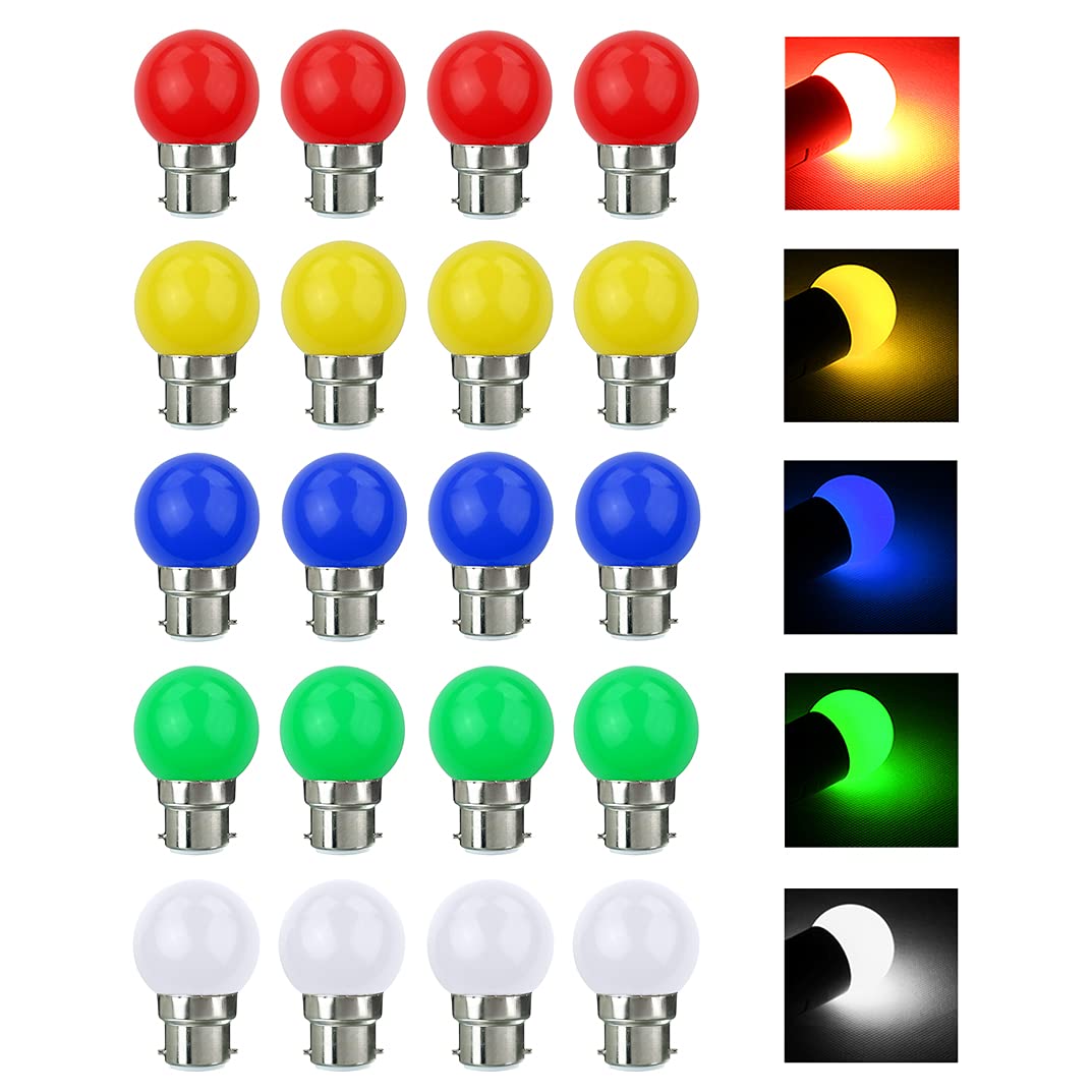 20 Pack Coloured Light Bulb B22 Bayonet LED Bulbs 3W Multi Color Light Bulbs Golf Ball Bulb Mood Ambiance Lighting for Home Decoration Party Patio Christmas Effect Lights Red Blue Yellow Green White