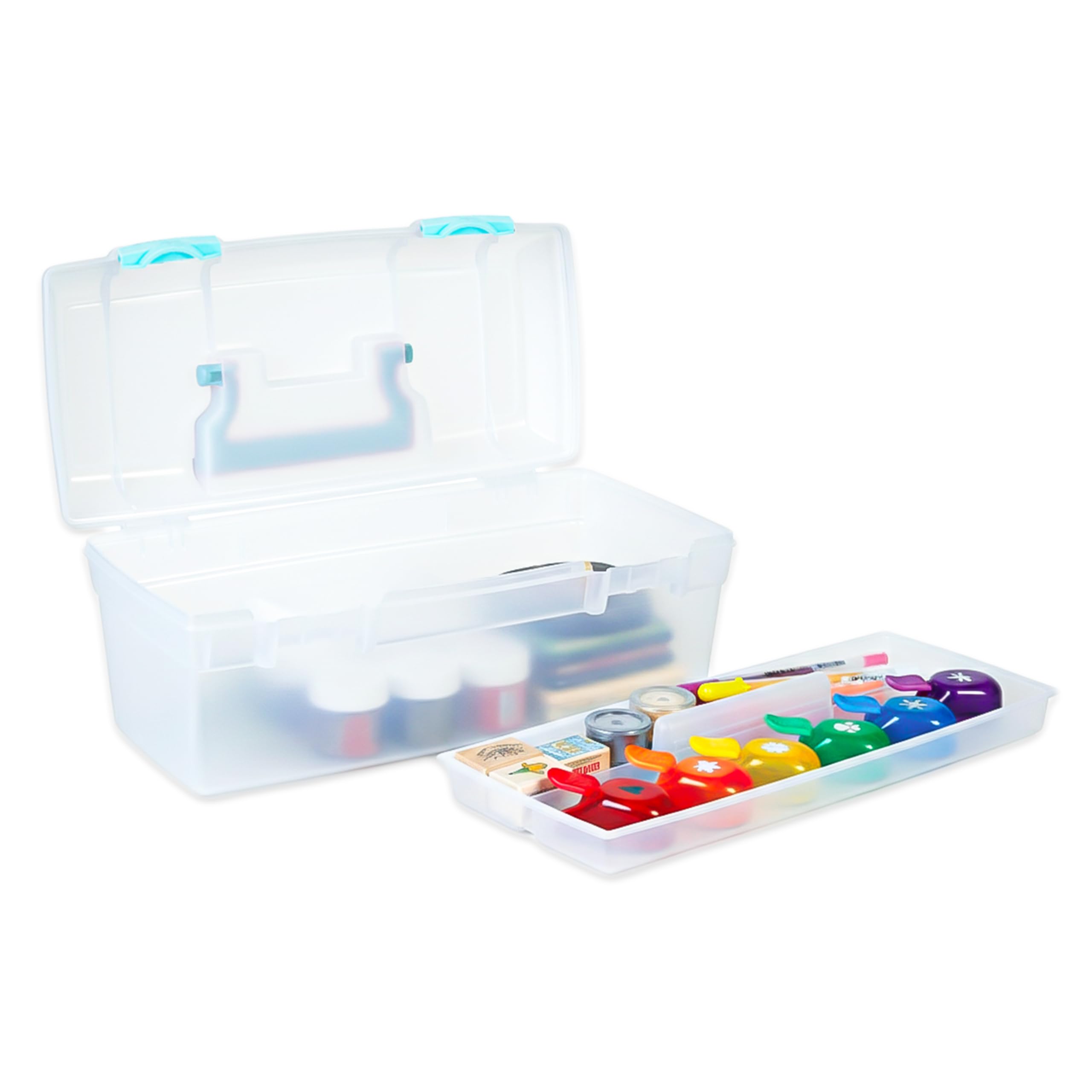 ArtBin Essentials Lift Box, Portable Art & Craft Organizer with Handle and Tray, Clear, Aqua Mist Latches