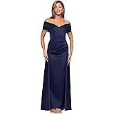 Xscape Womens Stretch Mikado Off The Shoulder Pleated Ruched Floor Length Dress