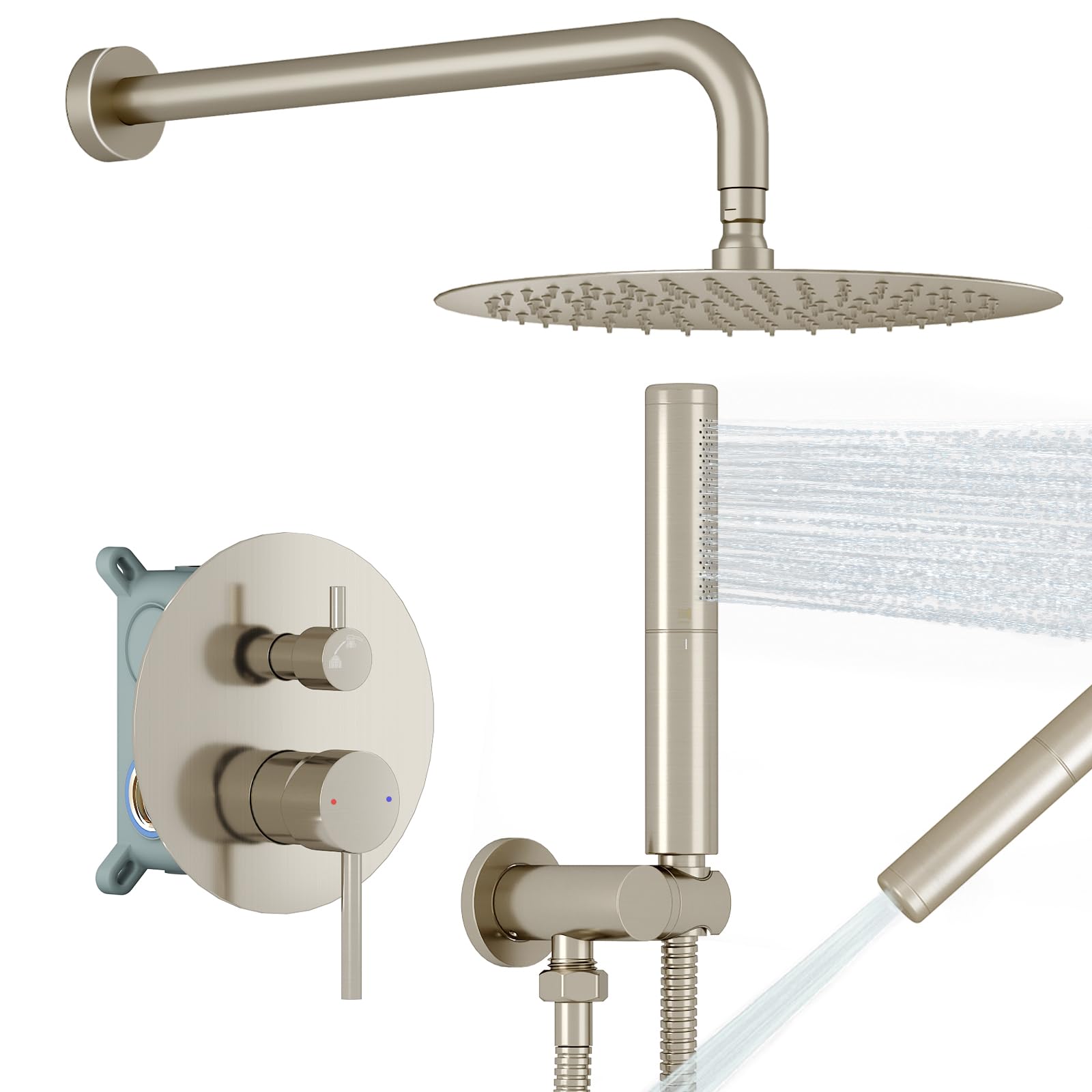 Photo 1 of BESy Shower System with 10 Inch Round Rain Shower Head and Handheld Wall Mounted, High Pressure Rainfall Shower Faucet Fixture Combo Set with 2 in 1 Handheld Showerhead for Bathroom, Brushed Nickel