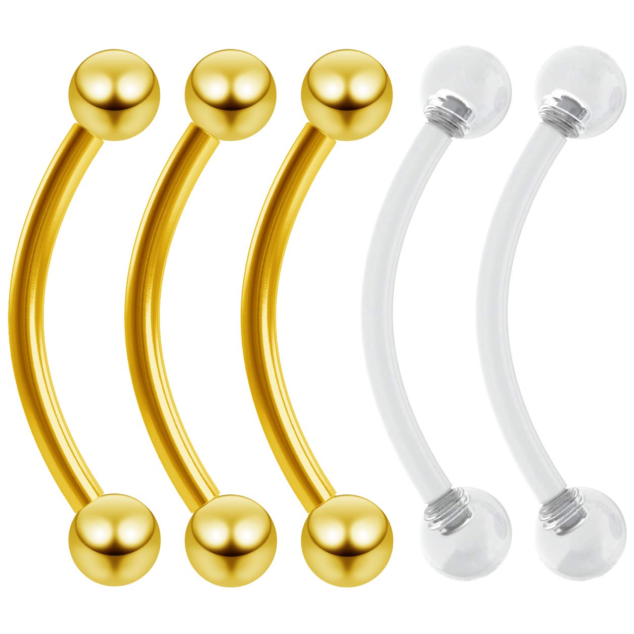 3pc 16g 1.2mm Curved J-Curve Barbell Vertical Labret Bar Eyebrow Lip Gold Cartilage Bar Earrings 10mm - 2pc Retainer Keepers