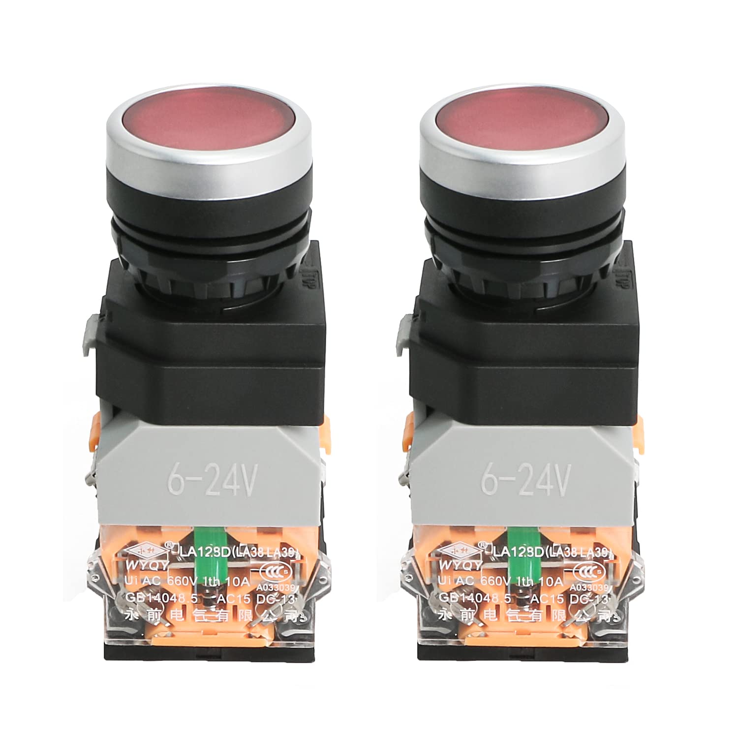 Ohamtes Momentary Push Button Switch 24V 22mm Mounting Hole Red LED DPST Switch for Electrical Equipment, 2 Pcs
