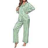 Pajamigols Womens Satin Pajamas Set 2 Piece Lounge Sets Silk Pjs Striped Loungewear Button Down Sleepwear