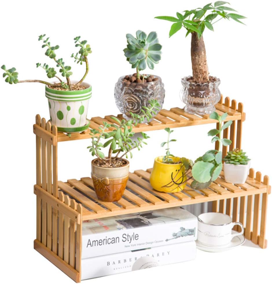 kgjsdf 2 Tier Tabletop Plant Stand, Natural Bamboo Office Tabletop Storage Rack Flower Planter Display Stand, Gardening Organizer for Study Living Room