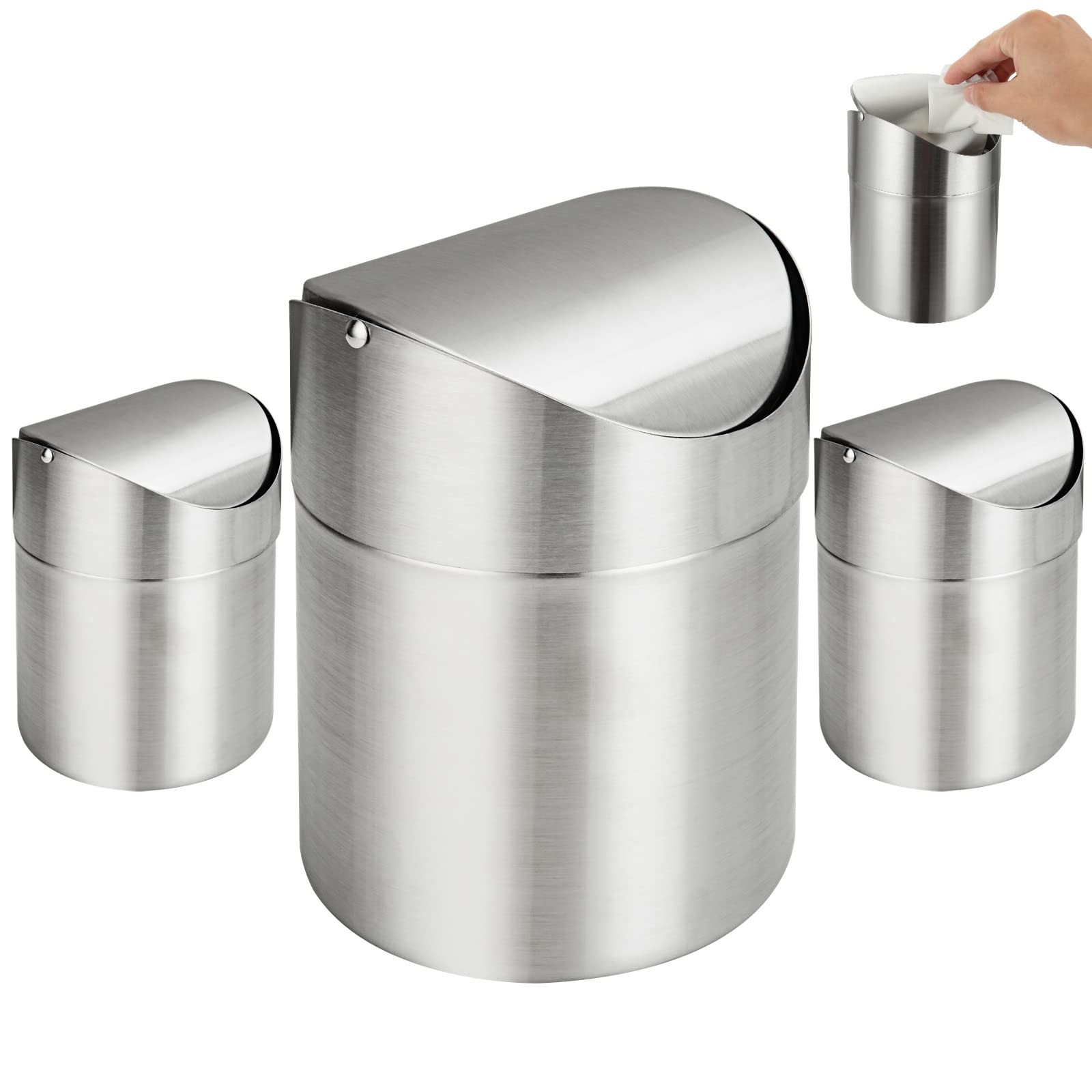 GOYADA 3 Pack Small Mini Bin With Lid, 1.5L Desk Table Top Worktop Counter Top Tea Bag Bin, Small Mini Swing Bin For Desk, Office, Bedroom, Bathroom, Kitchen Worktop (12.5 x 16cm) (Silver)