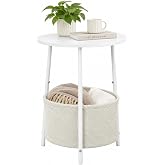 Draelibor Small Round Side Table, Modern Nightstand with Fabric Basket | Small End Table 2-Tier Night Stand, Sofa Corner Table for Living Room, Bedroom, Patio and More, 20.3 in Tall White