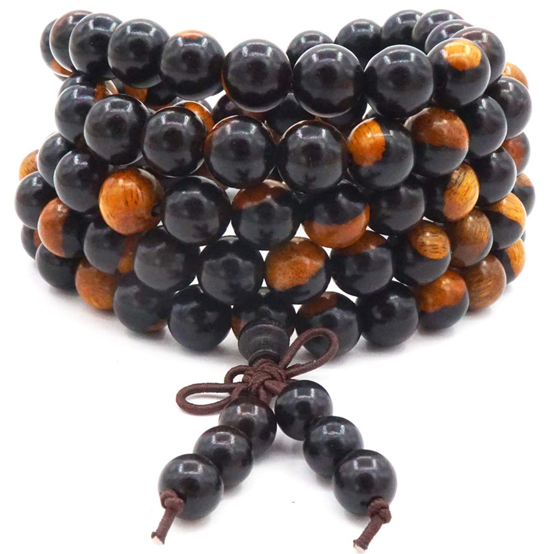 Thajaling 8MM 108 Prayer Beads Mala Bracelet, Black yin and yang sandal Wood Tibetan Buddhist Buddha Meditation Necklace mala bracelet