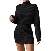 AUXDIO Women's Mock Neck Sweater Dress Fall Long Lantern Sleeve Bodycon 2026 Pullover Mini Short Dresses