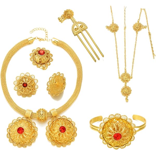 Ethiopian Eritrean Jewelry Set - Bright Gold Plated Bridal Wedding Set With Hair Accessories, African Style - View #7