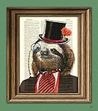 Dandy Sloth with top hat and monocle in suit illustration beautifully upcycled dictionary page book art print