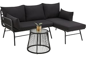 EROMMY 3 Piece Patio Conversation Sets, L-Shaped Sectional Patio Furniture Sofa Set with Thick Cushions and Toughened Glass Coffee Table for Backyard Balcony Garden Porch, Black
