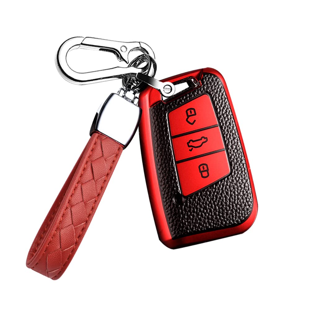 HIBEYO Smart Car Key Case Fits VW Key Cover Protective Case for Golf 7 Polo Passat T-Rock Skoda Seat 3 Buttons Remote Control Accessories Key Fob 3 Buttons TPU Leather Texture Red