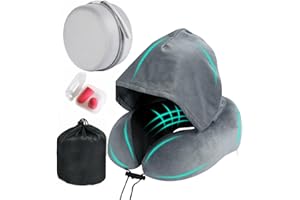 Travel Neck Pillow with Extra Large Hood Rollable Airplane Hooded Neck Pillow with Memory Foam Filling and Removable, Skin-Fr