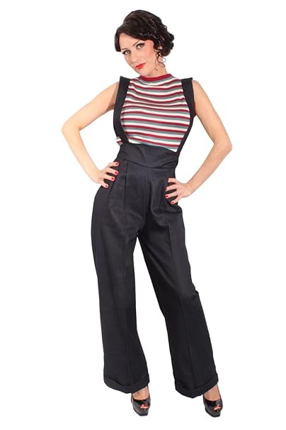 SugarShock Damen Hosenträger Marlene Retro Denim Rockabilly Jeans High Waist Hose