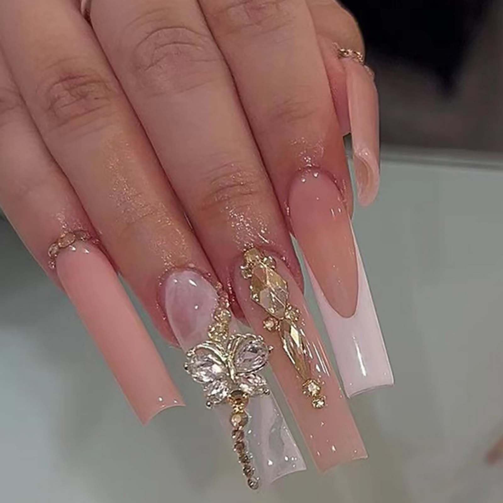 Gifiky Luxury 3D Butterfly Press on Nails Nude Fake Nails French Nails Tips Full Cover Long Square False Nails for Women and Girls 24Pcs