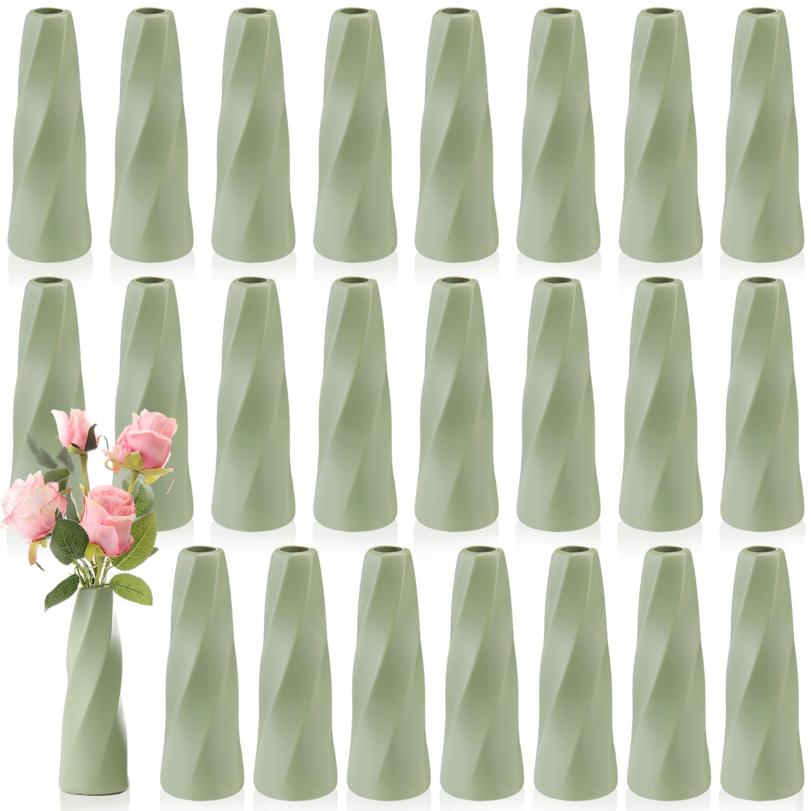 Photo 1 of Ninehaoou 24 Pack Sage Green Plastic Flower Vases for Centerpieces Bulk, Composite Small Tall Conic Floral Slim Vase Unbreakable Bud for Wedding Party Decor Living Room
