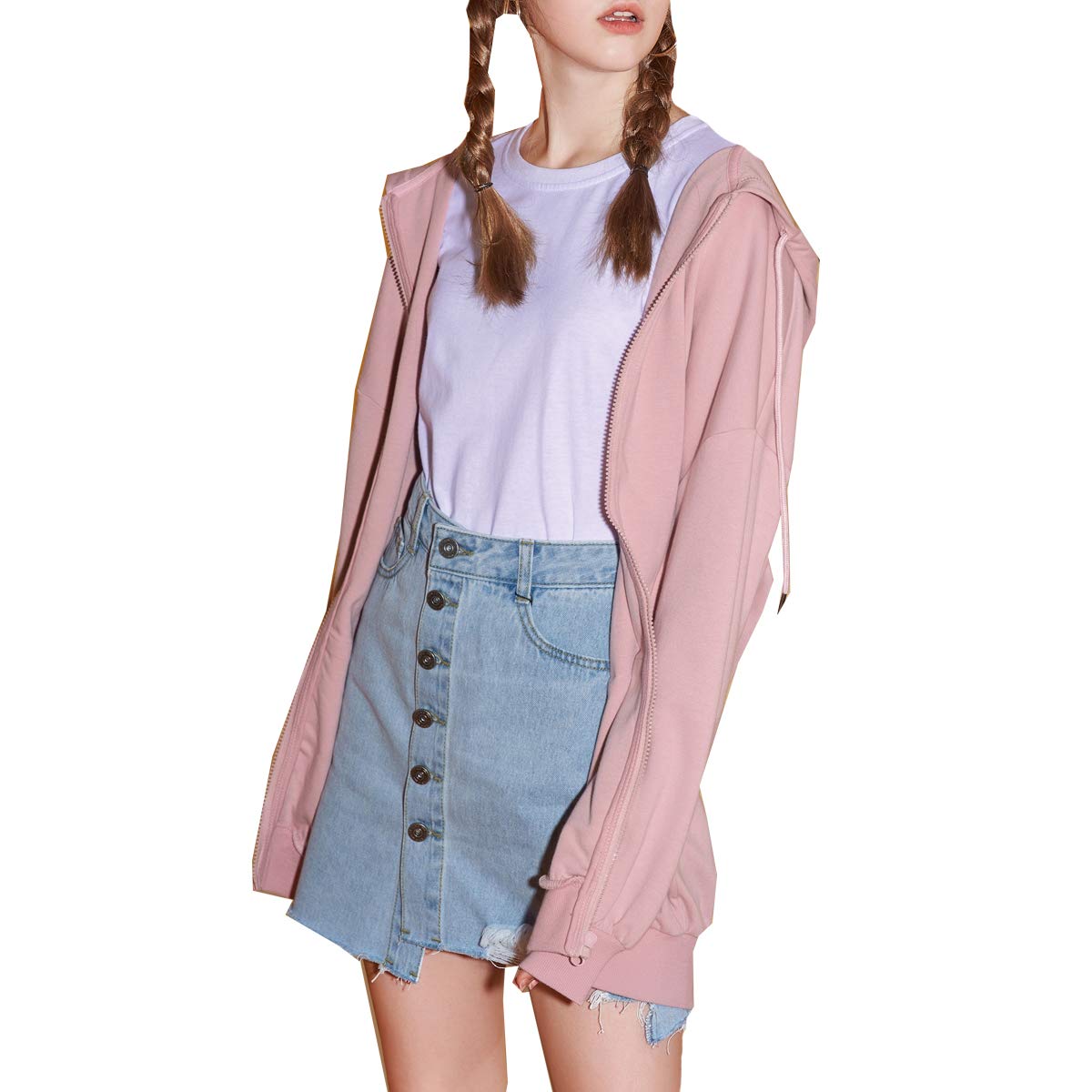 Women\'s Full Zip Hoodie Loose Casual Sweatshirts (Pink, Medium)