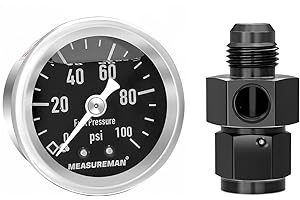 MEASUREMAN 0-100Psi Stainless Steel Glycerin Filled Fuel Pressure Gauge, 1-1/2" Black Dial, with 6AN Fuel Pressure Take Off F