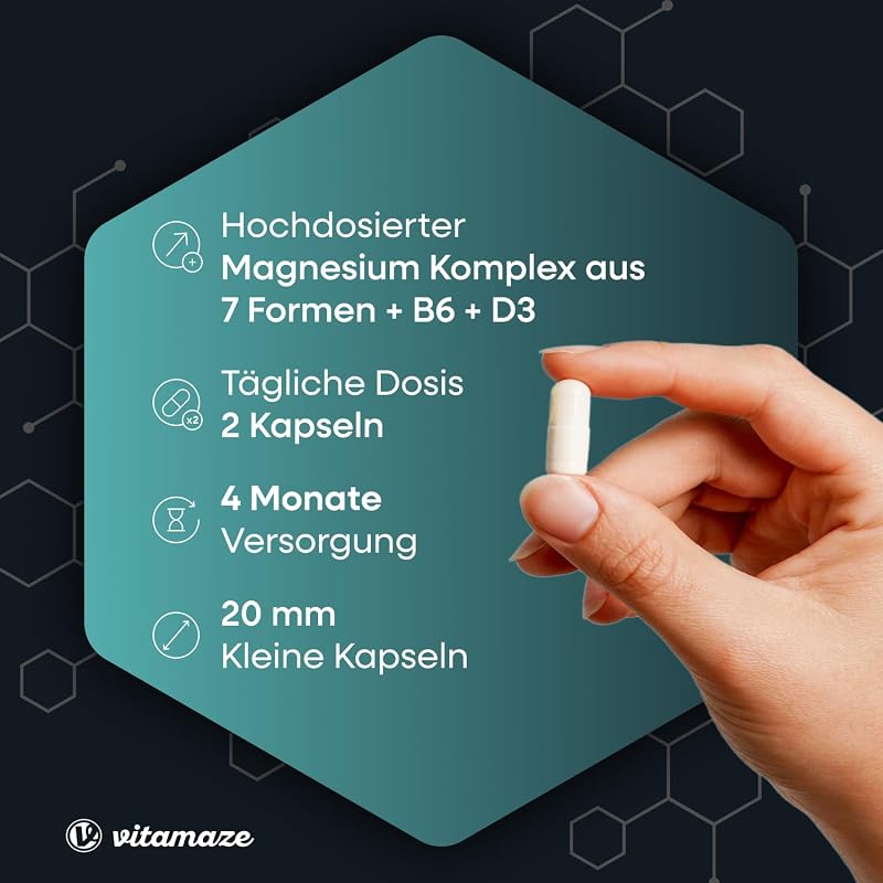 Vitamaze Magnesium Komplex 400mg, 7 Formen + Vitamin B6 und D3, Bisglycinat, Citrat, Malat, Oxid, Lactat, Ascorbat, Taurat, 4 Monate, Made in Germany