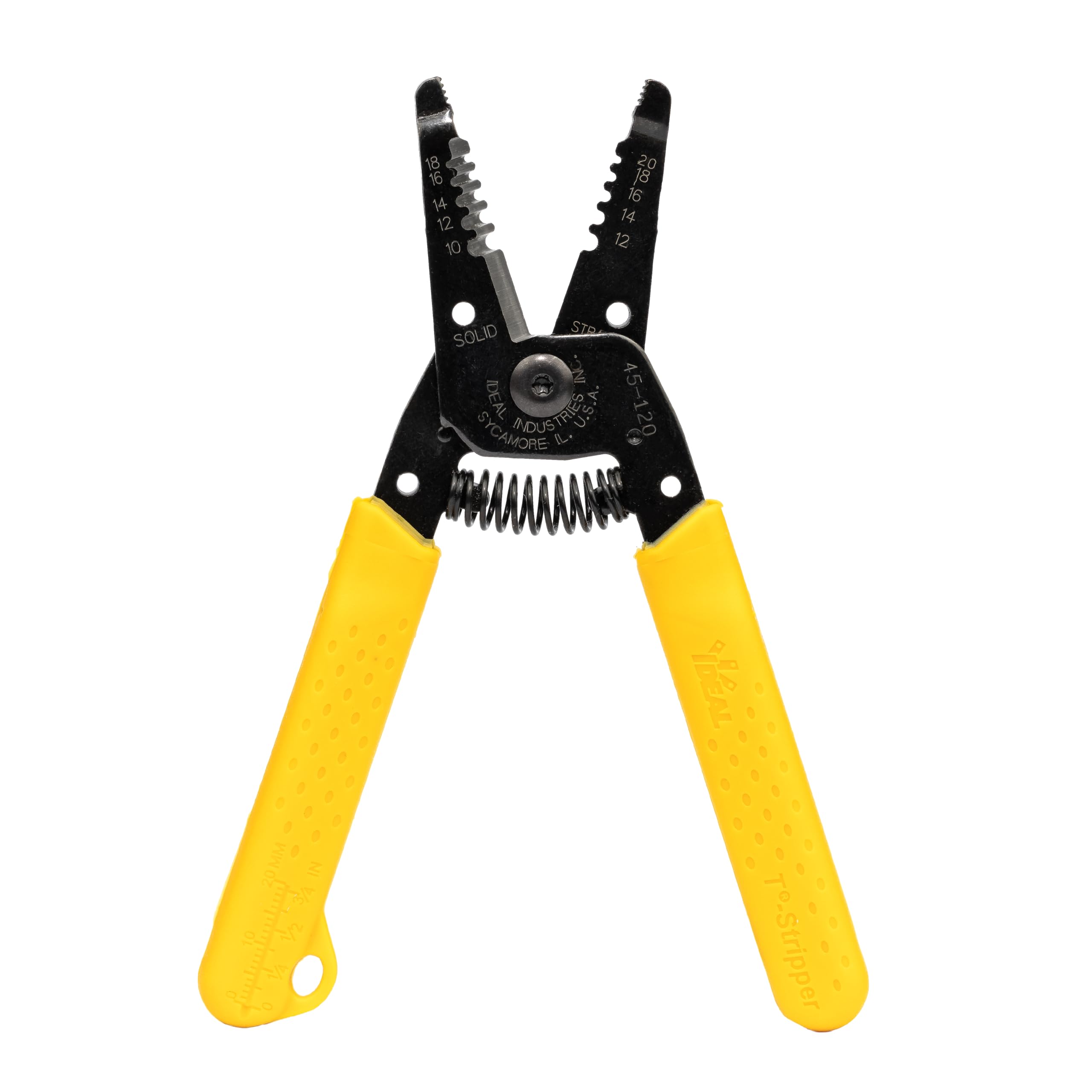 Ideal Electrical 45-120 T-5 T-Stripper - 10-20 AWG, Yellow Wire Stripper with Looping Holes, Plier Nose, Spring Loaded Automatic Opening