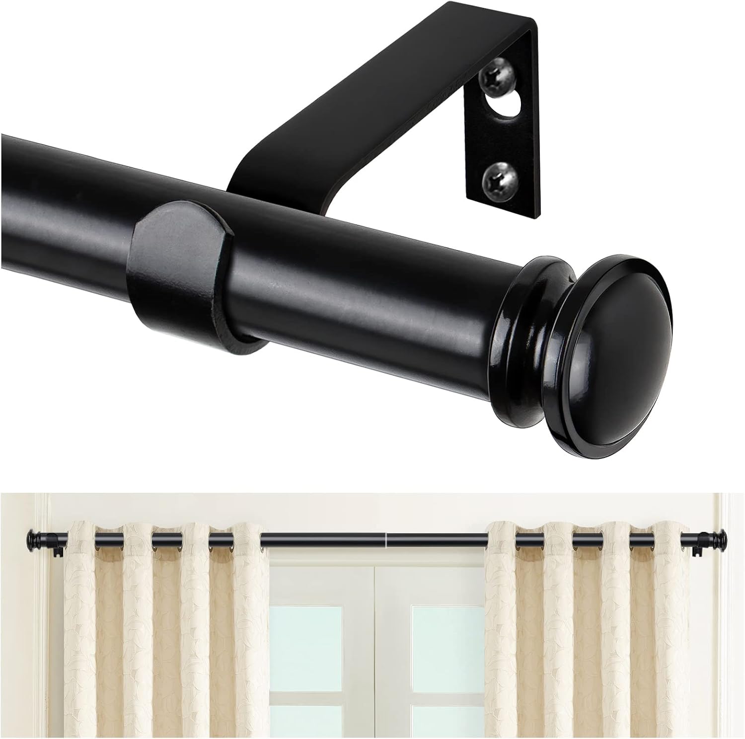 Window Treatment Hardware - TONIAL Curtain Rod 32 to 58 Inch(2.6-4.8ft), Telescoping Splicing 3/4 Drapery Rods for Windows 20 to 53 Inch(1.7-4.4ft), Decorative Single Rod with Small Cap Finial, Black