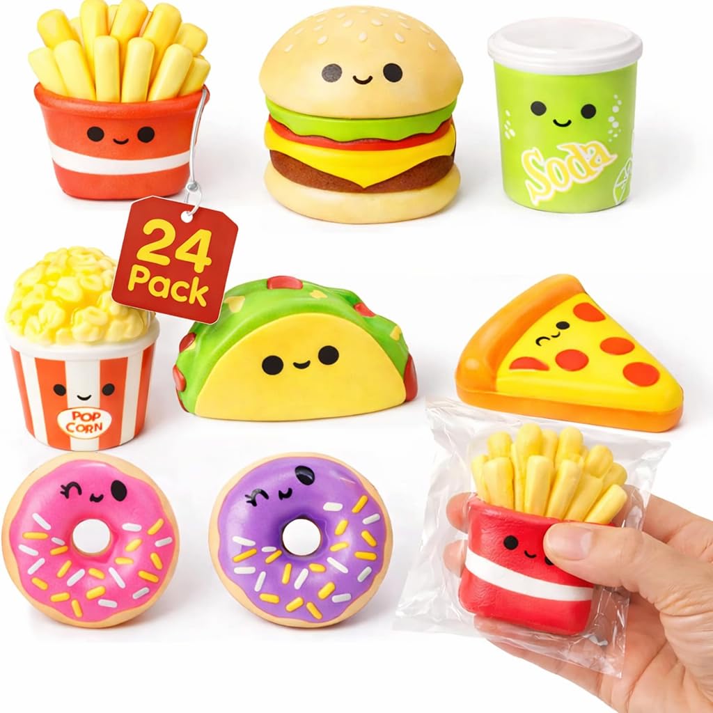 Photo 1 of 4E's Novelty 24 Pack Fast Food Squishy Toys for Kids Bulk - Slow Rising (Individually Wrapped) Small Foam Squishies 1.5-2.25" - Valentines Day Gifts for Kids Classroom Birthday Party Favors