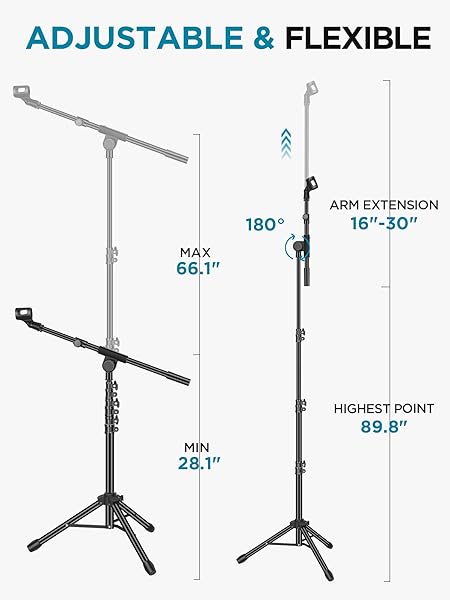 INNOGEAR MICROPHONE STAND, TRIPOD BOOM ARM FLOOR MIC STAND HEIGHT ADJUSTABLE HEAVY DUTY WITH CARRYING BAG 2 MIC CLIPS 3/8″ TO 5/8″ ADAPTER FOR SINGING PODCAST FOR BLUE YETI SHURE SM58 SM48 SAMSON Q2U