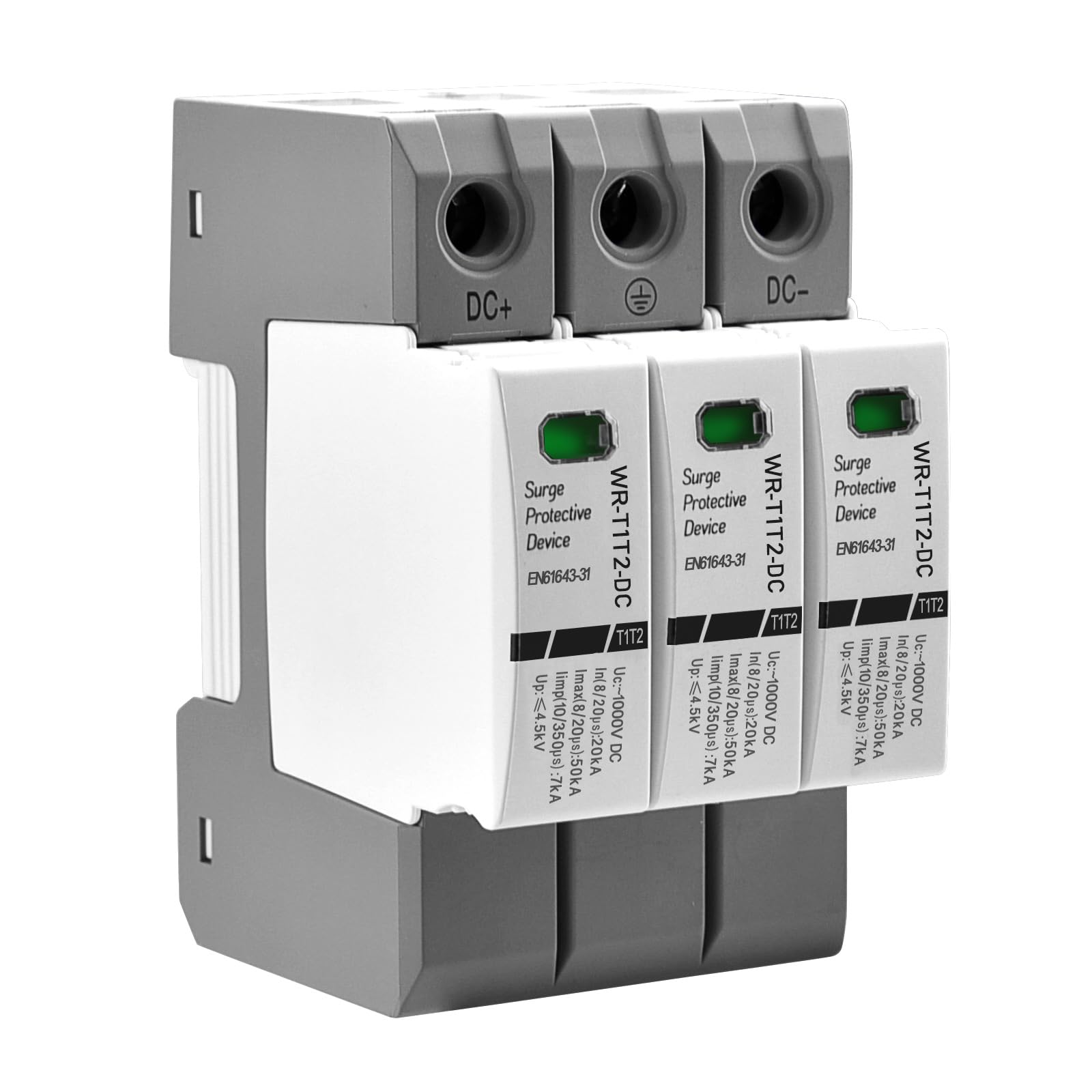 Heschen DC Surge Protective Device for PV, WR-T1T2-DC, 3P 1000VDC, In 20kA, Iimp 7kA, T1+T2 Type, Fire-Proof, 35mm DIN Rail Mounting