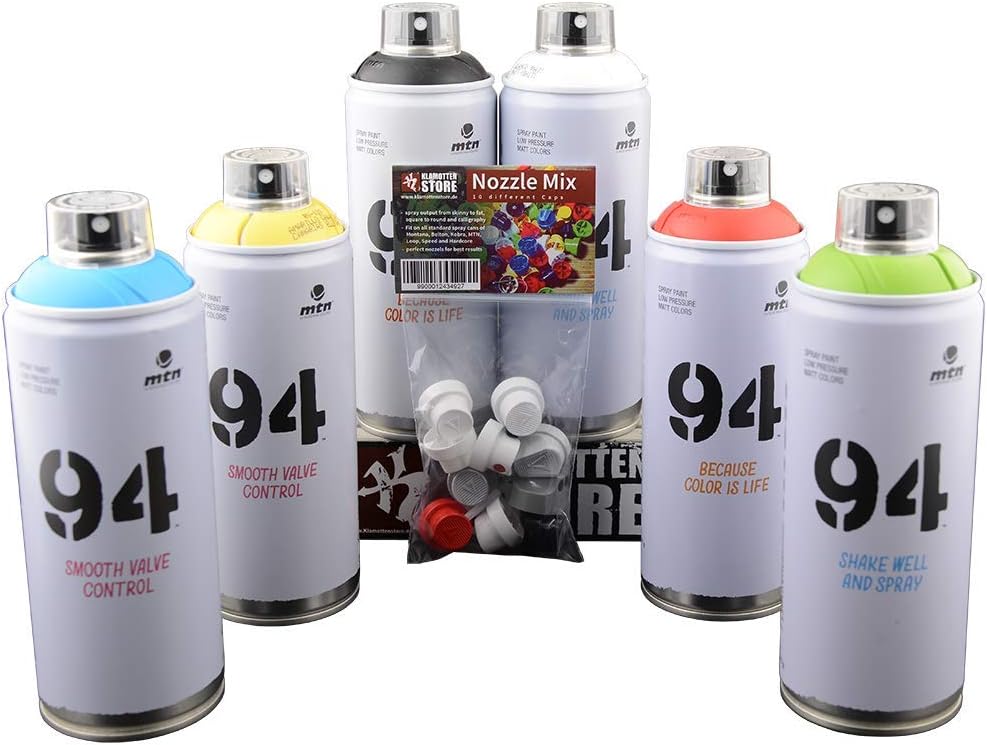 Spray Cans Set MTN 94 Graffiti Art Basic Colours Including Black & White 6 x 400 ml + Replacement Spray Heads